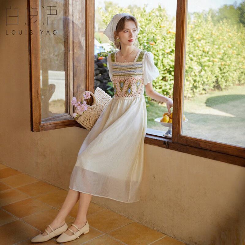 

Bailuyu Summer Pastoral Style Color-block Knit Lyocell Maxi Dress S