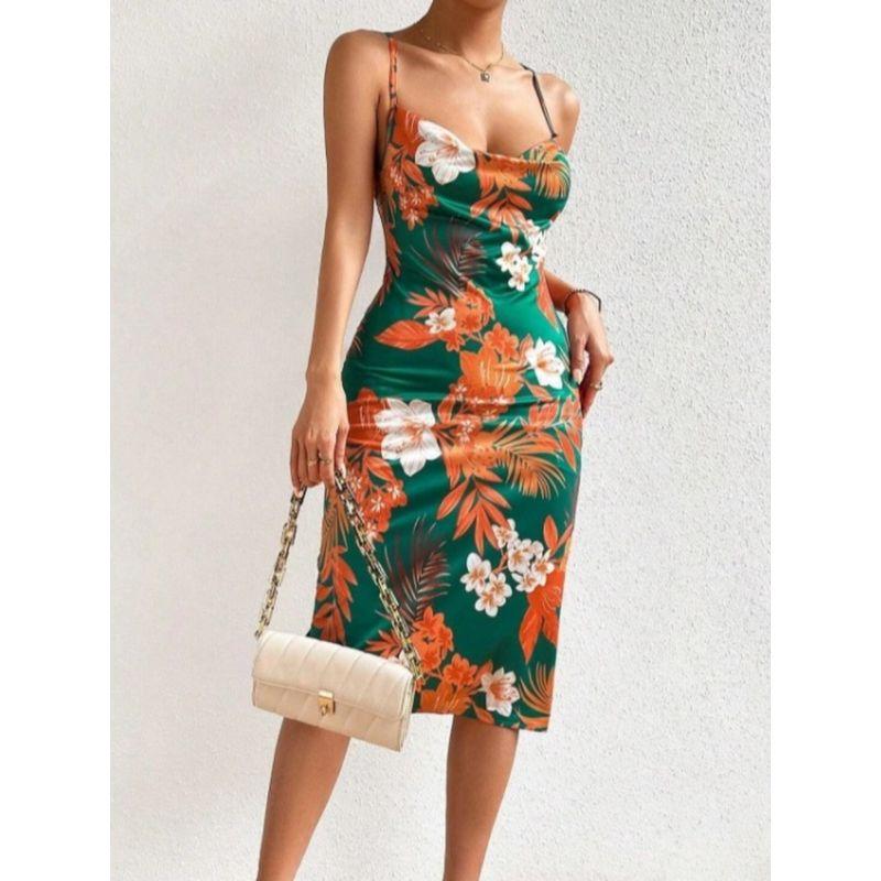 Western Style Summer New Sexy Sexy Sling Backless Lace-up Slim fit Slimming Big Flower Pattern Sleeveless Dress