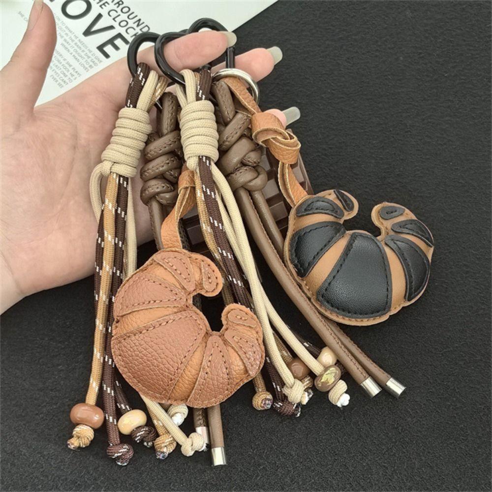 Anti-Lost Leather Croissant Keychain Diy Braided Rope Pu Leather Bread Keychain  Kids Gifts