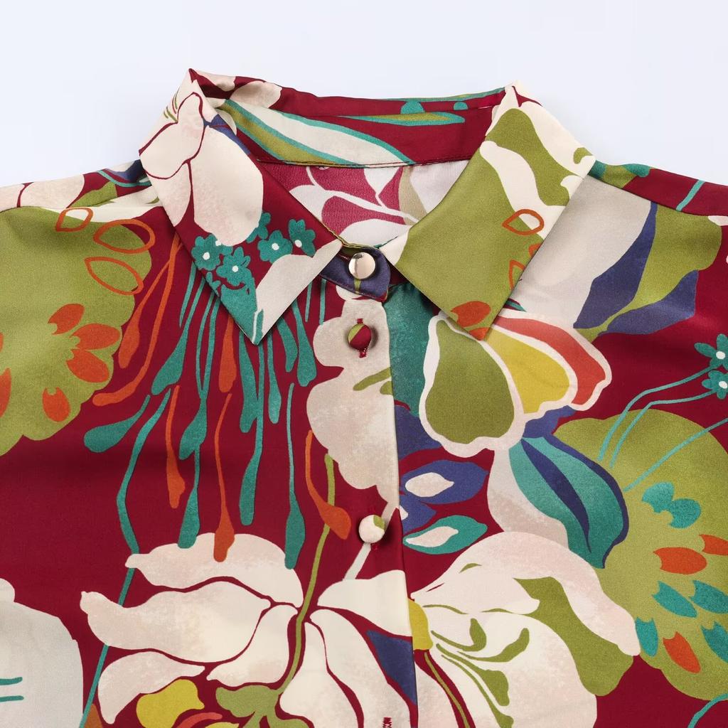 European and American Style, New Women's Clothing, Foreign Style, Flower Printing Silk Satin Texture Shirt 2355112
