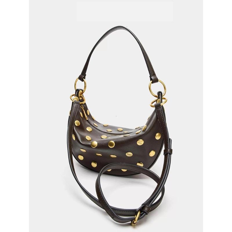 Vintage Gold Studs Decor Crescent Hobo Bag Pu Leather Multi-Way Shoulder Crossbody Handbag Retro Brown Zipper Underarm Bag for
