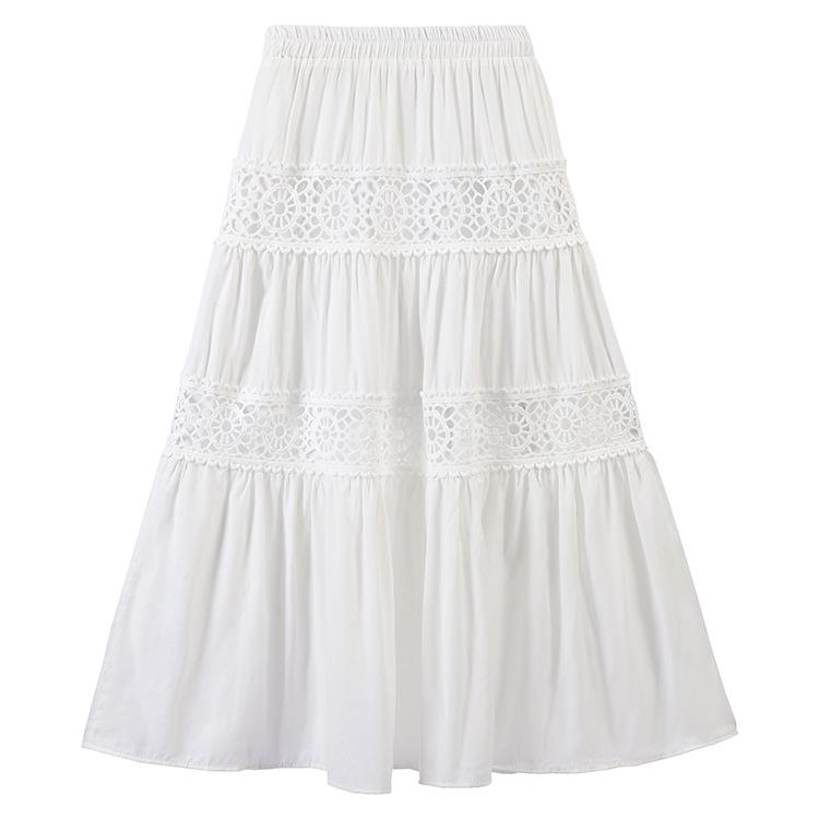 Fei Yuan Elegant A-line Skirt: Hollow Lace Patchwork Design for Early Spring Large белый