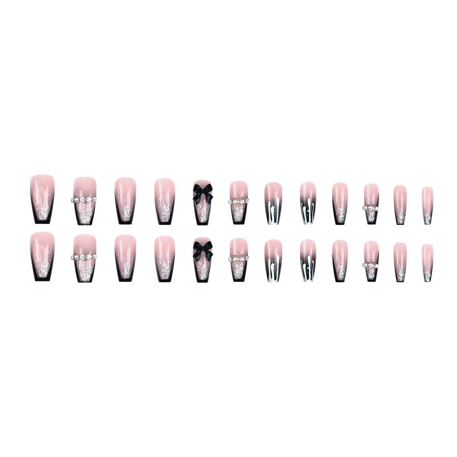 24 Pieces  style black French bow diamond model flash glitter water drop pattern white fake nails wear armor