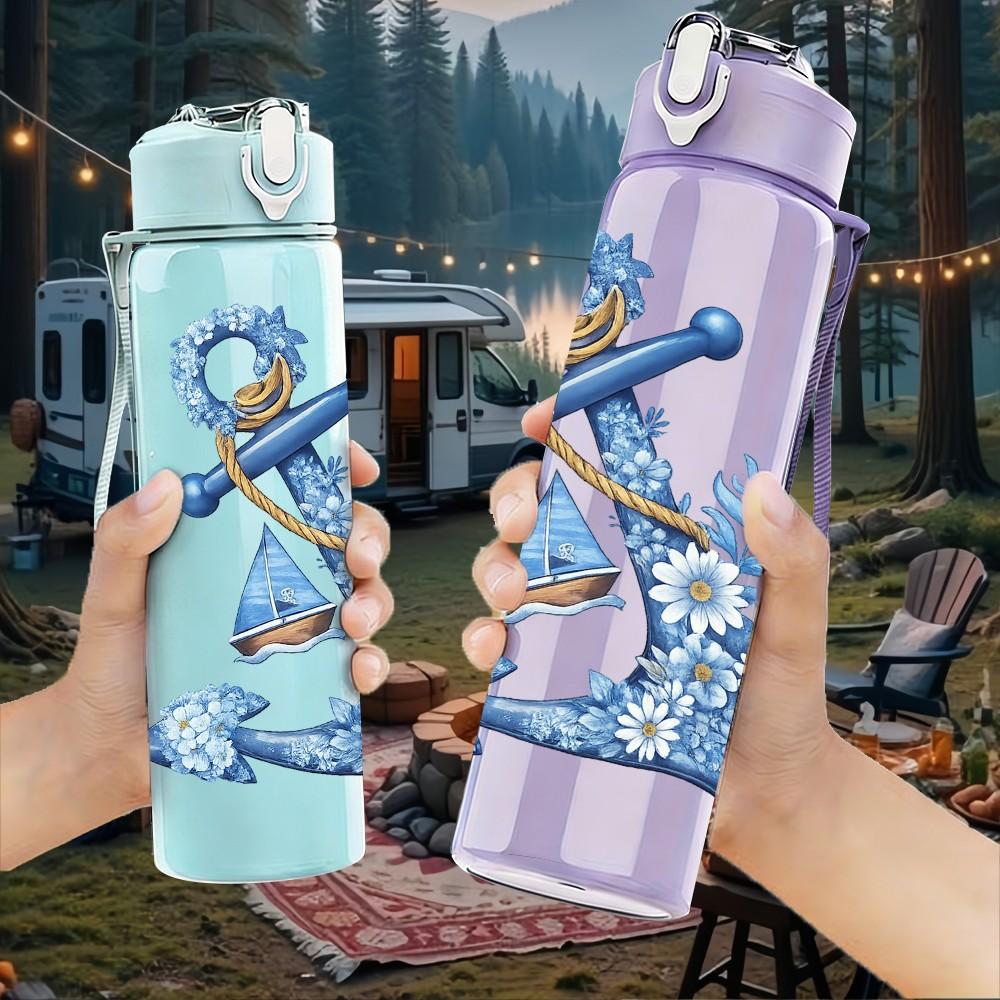 1PC Vintage Anchor Ocean Art Print 750ml Color Plastic Sports Water Bottle Leakproof Flip Straw Lid Suitable for Sports Office Home Use