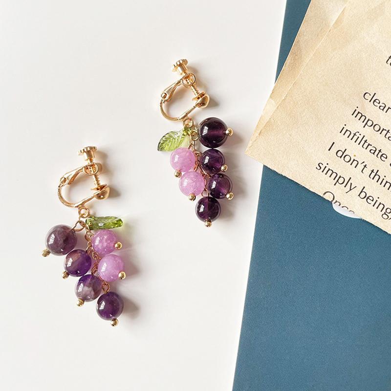 Pendientes de Uva Morada Coreanos Retro Frescos de Verano con Clip sin Perforar para Mujer Dulce Temperamento Regalo Femenino Joyería