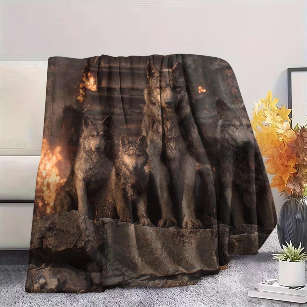 1PC Gray wolf Print Flannel Blanket, High quality Comfortable for All Seasons, Home Decor, Warmth and Comfort