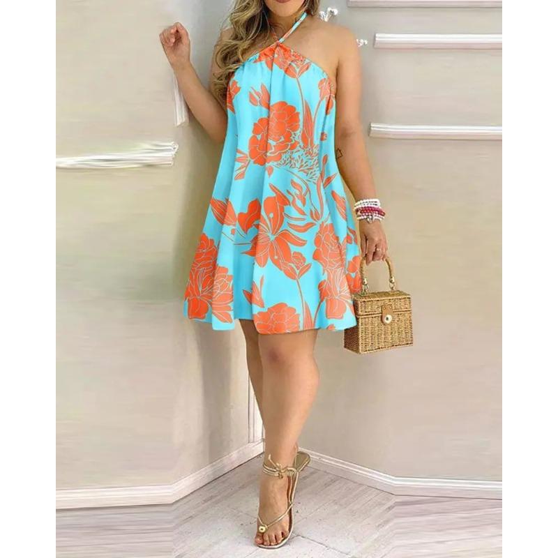 Women's Tropical Print Halter Tie Neck Sleeveless Loose A‑Line Mini Dress Summer Casual Beach Dress