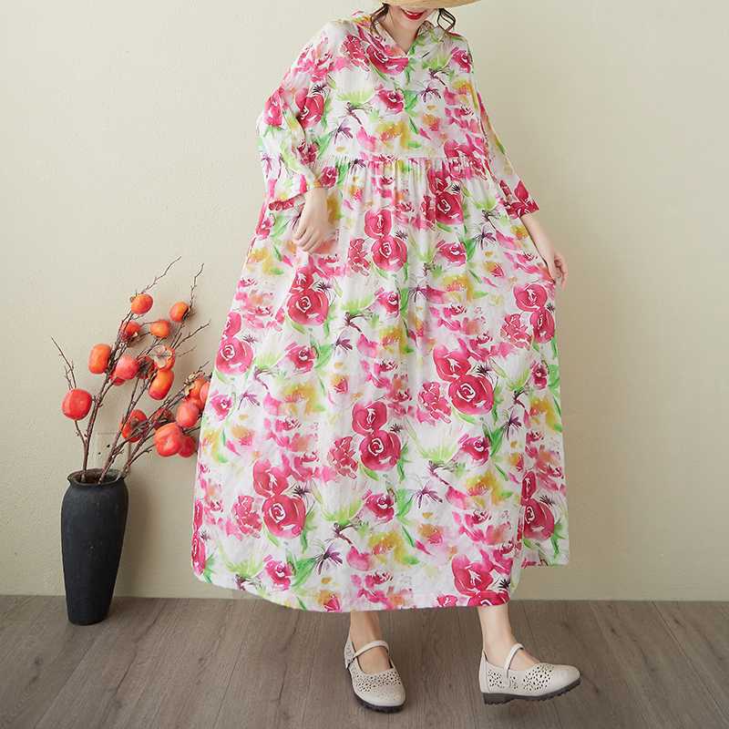 Ladies' Retro Gentle Wind and Cloud Brocade Cotton and Hemp Hooded Dress