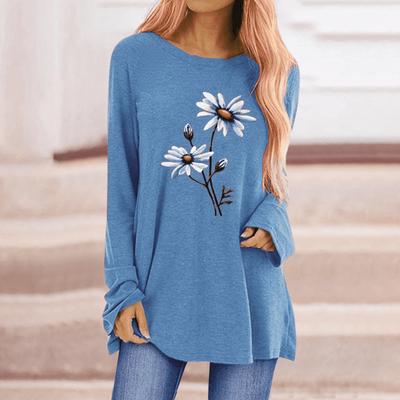 Artı Boyutu kadın Sonbahar Karahindiba Baskı Rahat Uzun Kollu Yuvarlak Boyun T-shirt Rahat Baggy Orta uzunlukta tişört Üst