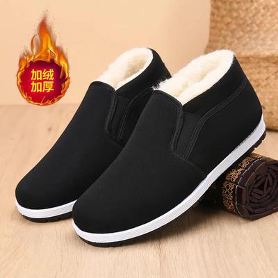 New Winter Men's Old Beijing Cloth Shoes Non Slip Solid Color Fleece-Lined Thickeneded Cotton Shoes High Top Warm Boots