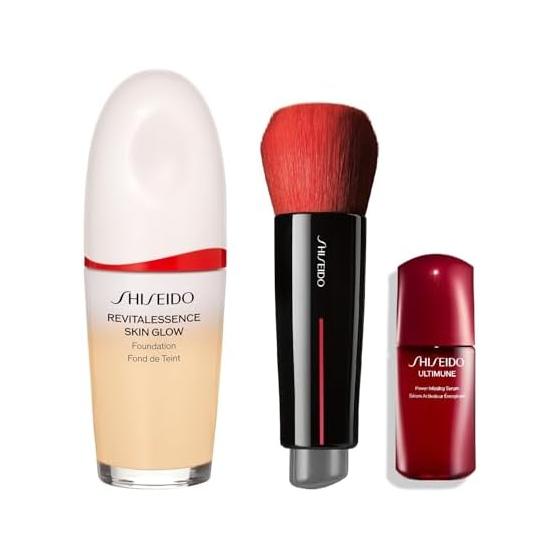 SHISEIDO Makeup Foundation Brush Kit | Essence Skin Glow Foundation 130 Opal 30mL + DAIYA FUDE Face Duo + Ultimune Special Size (Serum 10mL) |