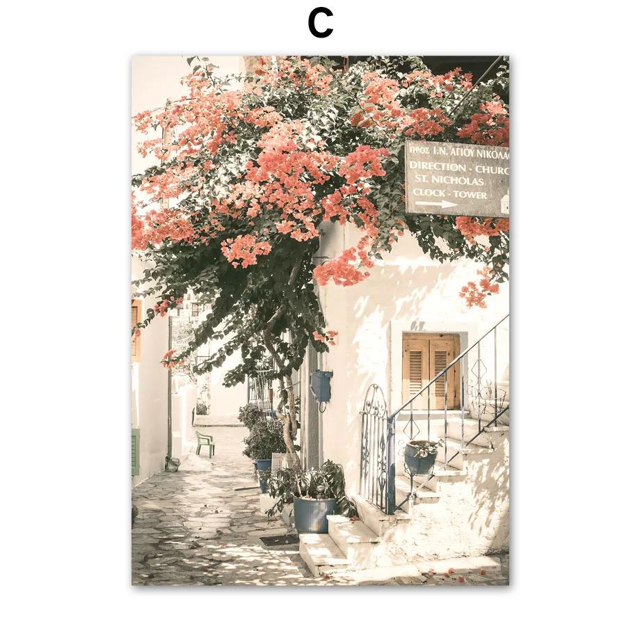 Griechenland Küsten Poster Santorini Meer Terrasse Baum Haus Strand Wand Kunst Leinwand Malerei Druck Bilder Wohnzimmer Wohnkultur