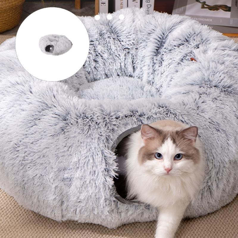 Soft Plush Foldable Cats Bed Tunnel with Space Saving Providing Warmth and Entertainment for Cats Indoor or Outdoors