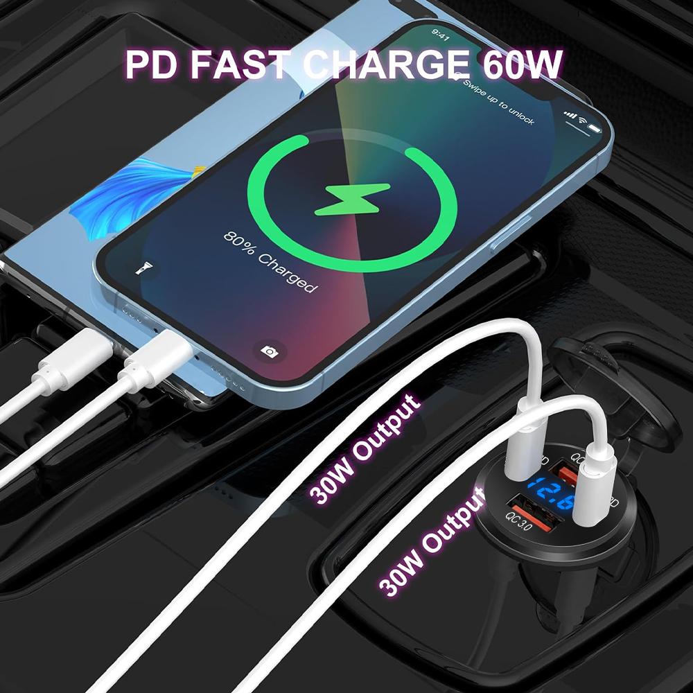 4-Ports USB Quick Chargerwith LED Voltmeter Dual PD And Dual QC3.0 Fast Charge Adapter Waterproof For Car Boat And Motorcycle 12/24V