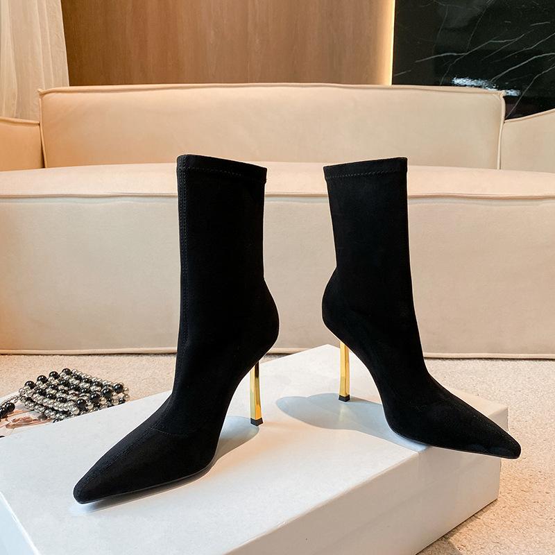 

Модные ботильоны на высоком каблуке с острым носком для женщин 2025 Осень/Зима Новый стиль Черные Сексуальные Замшевые Эластичные Ботильоны Узкие Ботильоны 40