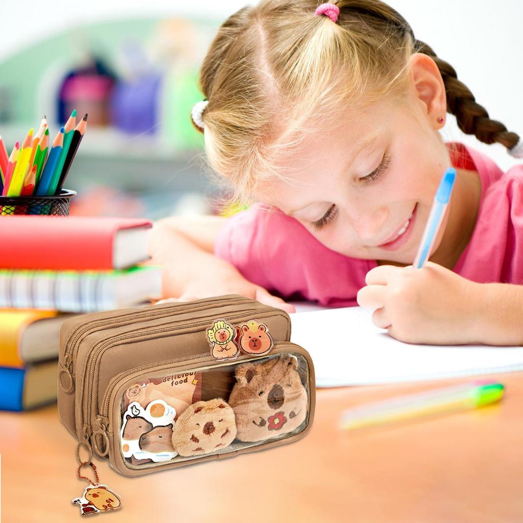 22x13x6cm Capybara Pencil Pouch 10 Compartment Transparent Pencil Pouch Wide Opening Mouth Pencil Pouch With Cute Pins Plush