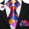 Barry.Wang Gold Brooch with Tie for Men Plaids Check Silk Necktie Hanky Cufflinks Set