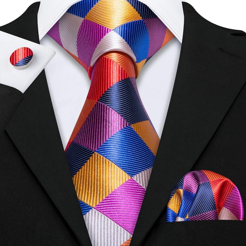 Barry.Wang Gold Brooch with Tie for Men Plaids Check Silk Necktie Hanky Cufflinks Set