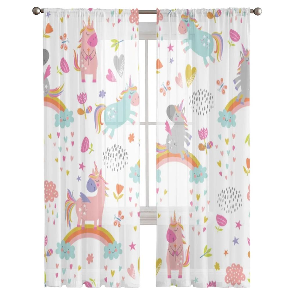 Cartoon Cute Unicorn Tulle Sheer Window Curtains For Living Room The Bedroom Modern Chiffon Voile Curtains Fabric Drapes