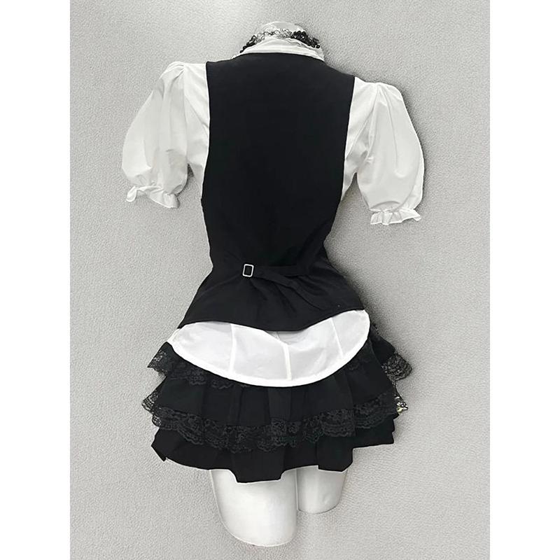 Gothic Retro Chic Outfit Damen Bluse mit Puffärmeln Weste Kurzer Rock Vintage Mode Anzug