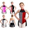 Girls Clown Costume Color Block Patchwork Rhinestone Decorative Leotard Halter Sleeveless Backless Waist Mesh Overlay Jumpsuit