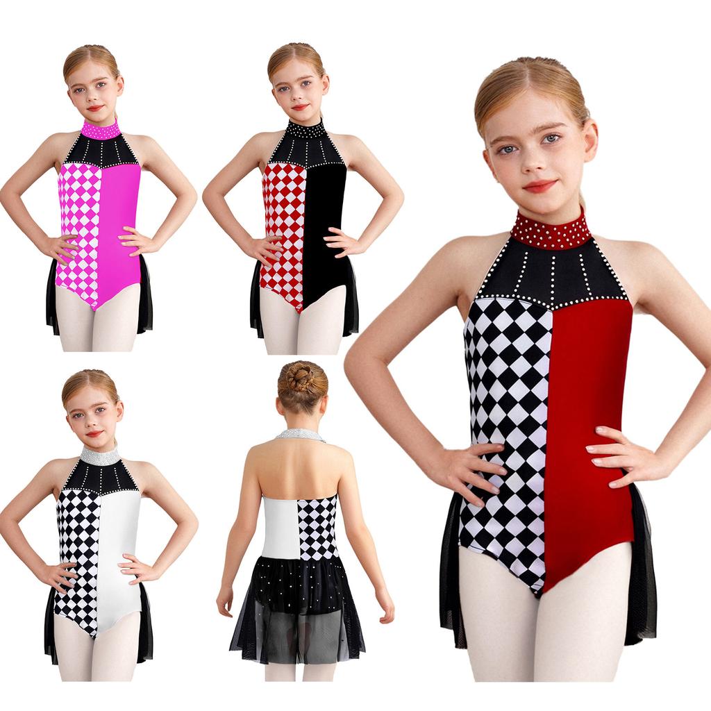 Girls Clown Costume Color Block Patchwork Rhinestone Decorative Leotard Halter Sleeveless Backless Waist Mesh Overlay Jumpsuit