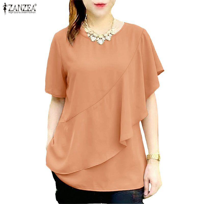 ZANZEA Women Casual Round Neck Solid Color Loose Half Sleeve Blouse