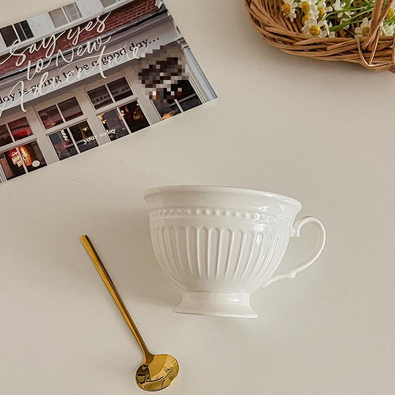 European Style French White Ceramic Coffee Cup and Saucer Set for Afternoon Tea