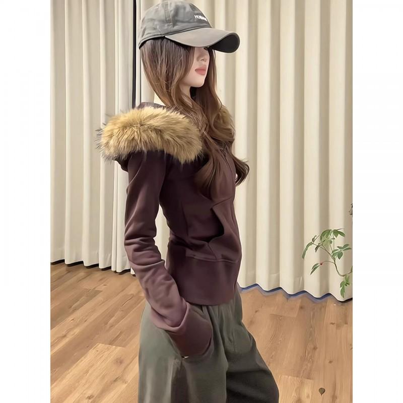 Womens Brown Retro Fleece Hooded Zip Cardigan Slim Fit Short Top Streetwear