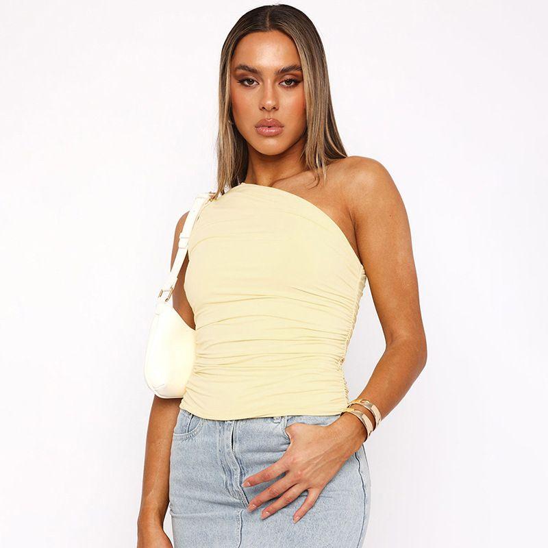 

Single Shoulder Open Back Pleated Vest Top T-shirt for Women Light yellow M
