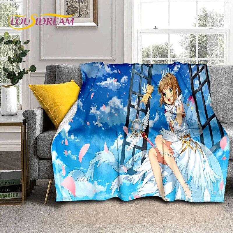 3D Cartoon Captor Anime Cute Card Sakura Blanket,Soft Throw Blanket for Home Bedroom Bed Sofa Picnic Office Cover Blanket Kids