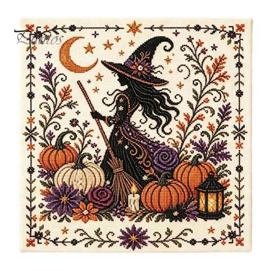 Kompletní balíček pro jehlovou práci Halloweenská výšivka, DIY sada stehů pro dospělé, Roztomilá čarodějnice, Světlý dýně, Duch, Černá kočka Vzor na stěnu