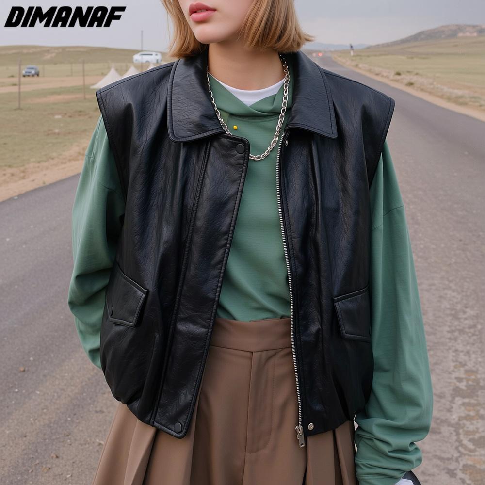 DIMANAF 2026 Autumn Winter PU Jackets Coat Casual Sleeveless Vest Women Plus Size Loose Buttons Outwear Fashion Lady Clothing