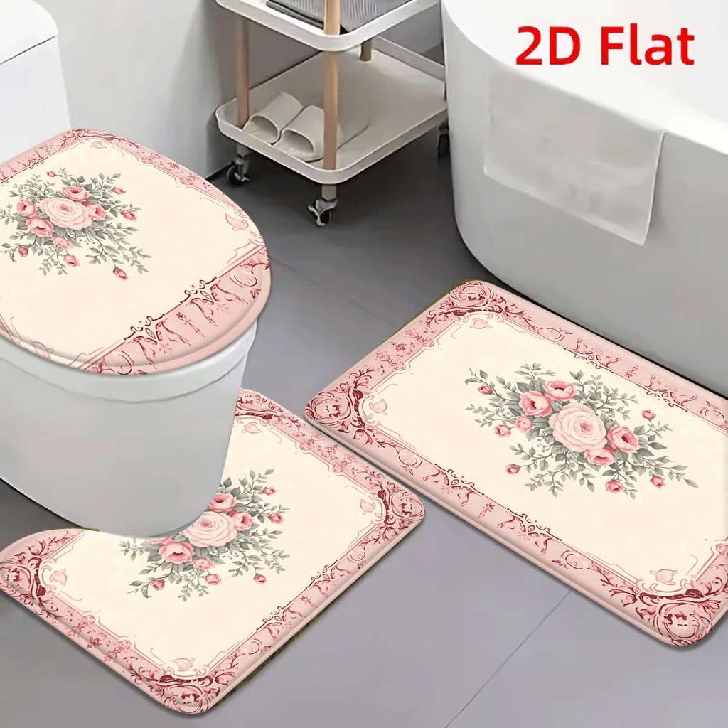 Set di Tappetini da Bagno Antiscivolo in Flanella Floreale Rosa Elegante 2D Piatto Ultra Assorbente Tappetino Decorativo per Pavimento da Cucina