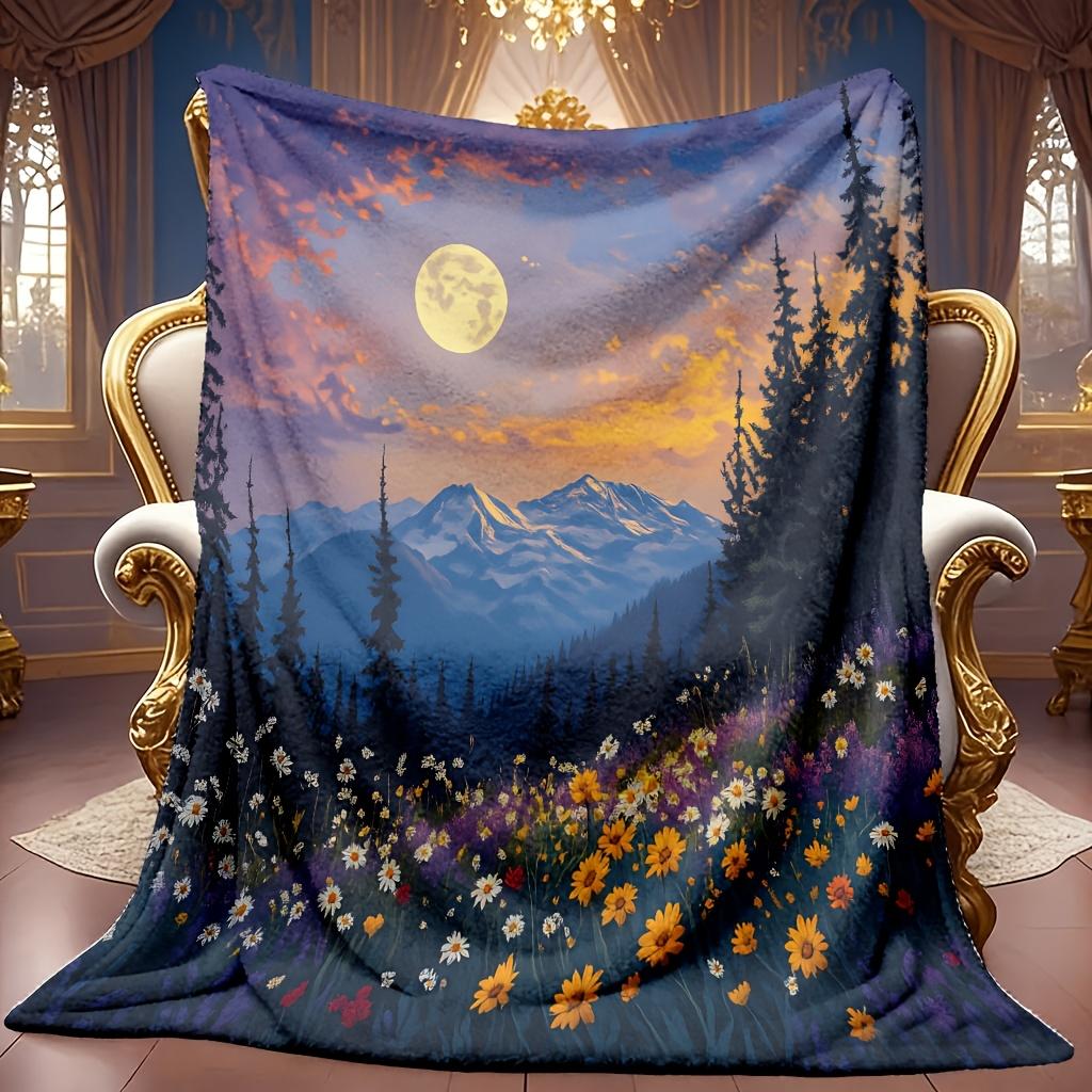 Comfortable Mountain Starry Sky Pattern Flannel Blanket Soft High-Definition Digital Print Night Forest Flower Landscape Cooling Blanket All-Season Us