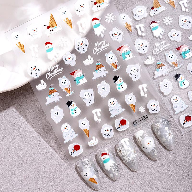 Cyansea 5D Christmas Nail Stickers: Embossed Ice Cream Cone & Snowman Ornaments.