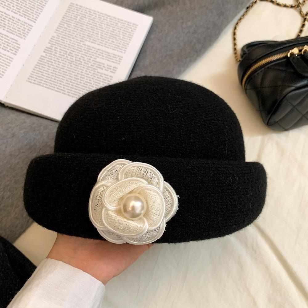Camellia Flower Hepburn Style Topper Hat Pearl Wool Fisherman Hat Fashion Women Formal Hat Girl