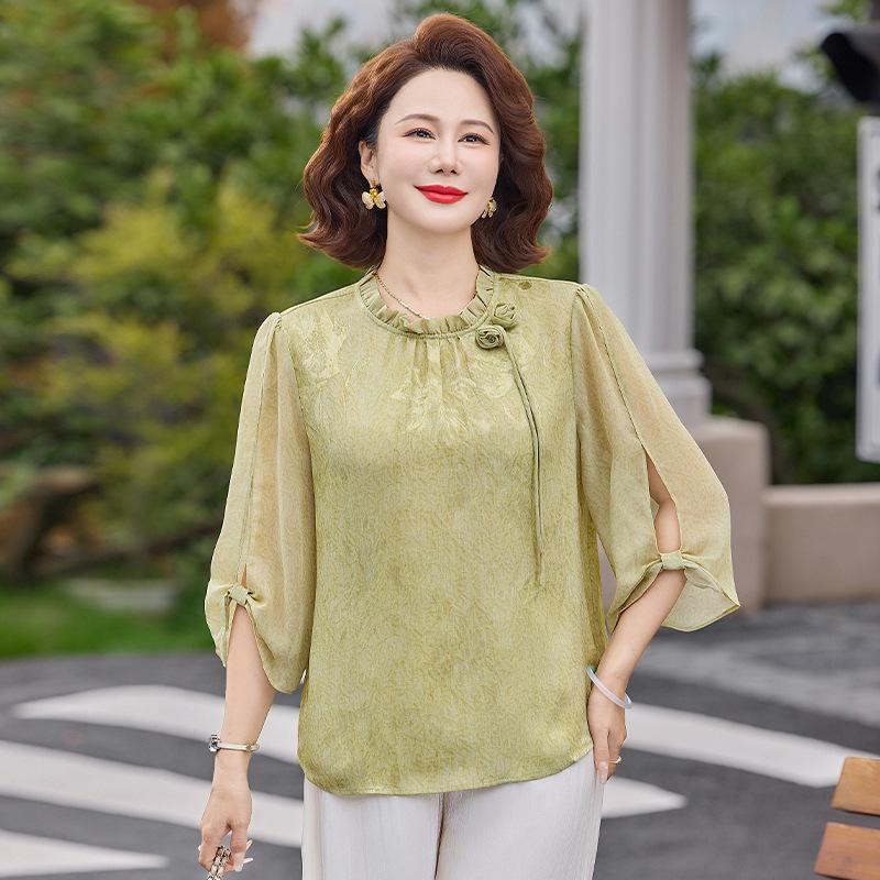 

Mom s Summer Outfit: Mid-Sleeve Plus Size, Age-Reducing, Loose, Casual, Versatile Chinese Style for Middle-Aged and Elderly. 4XL (135-150 lbs) желто-зеленый