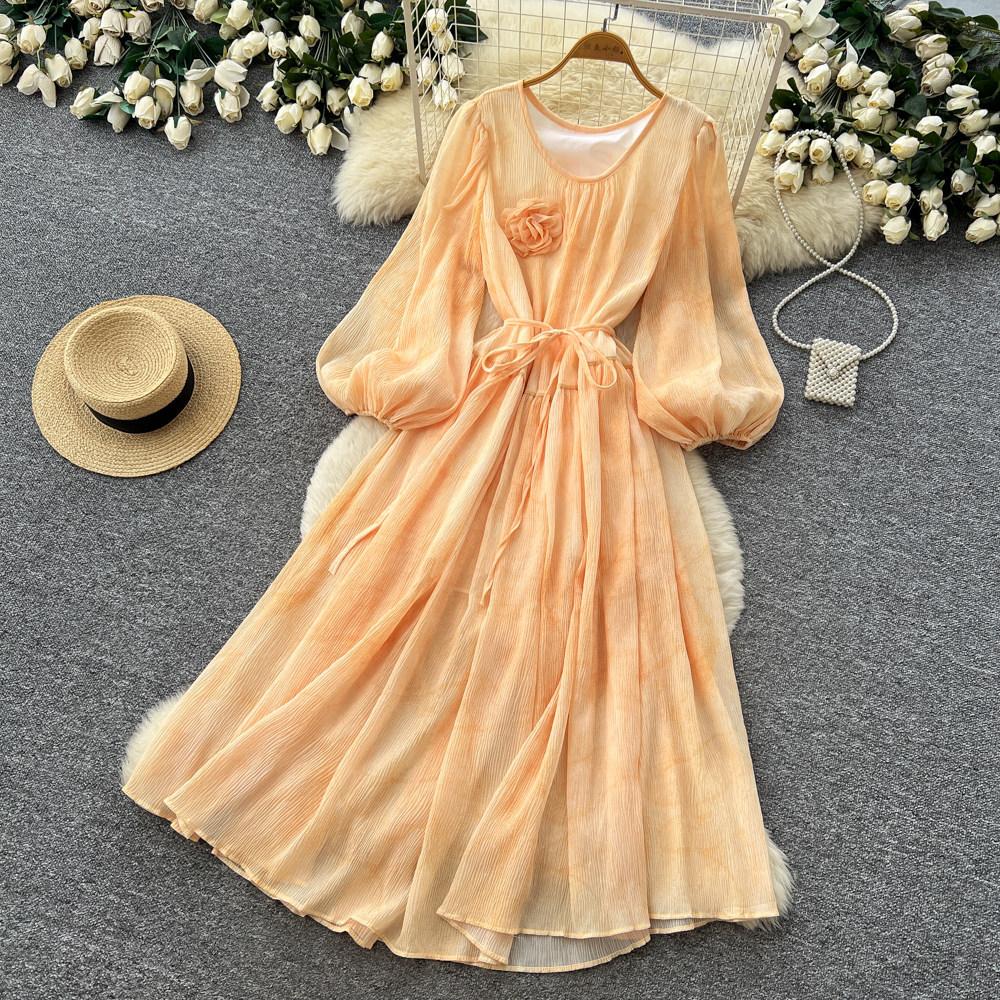 French gentle wind lantern sleeves V-neck dress women's summer lace-up waist thin A-shaped long dress temperament