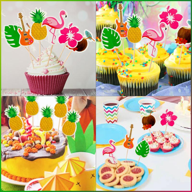 24Pcs Hawaiian Cupcake Toppers Flamingo Pineapple Palm Leaves Toothpicks Tropical Summer Beach Birthday Party Cake Decoration