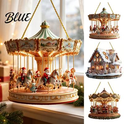 Clear Acrylic Festive Pendant Sets Christmas Santa Claus Carousel/Snow Cottage Hanging Ornament  Double-Sided Childlike Amusement Park Style for Tree