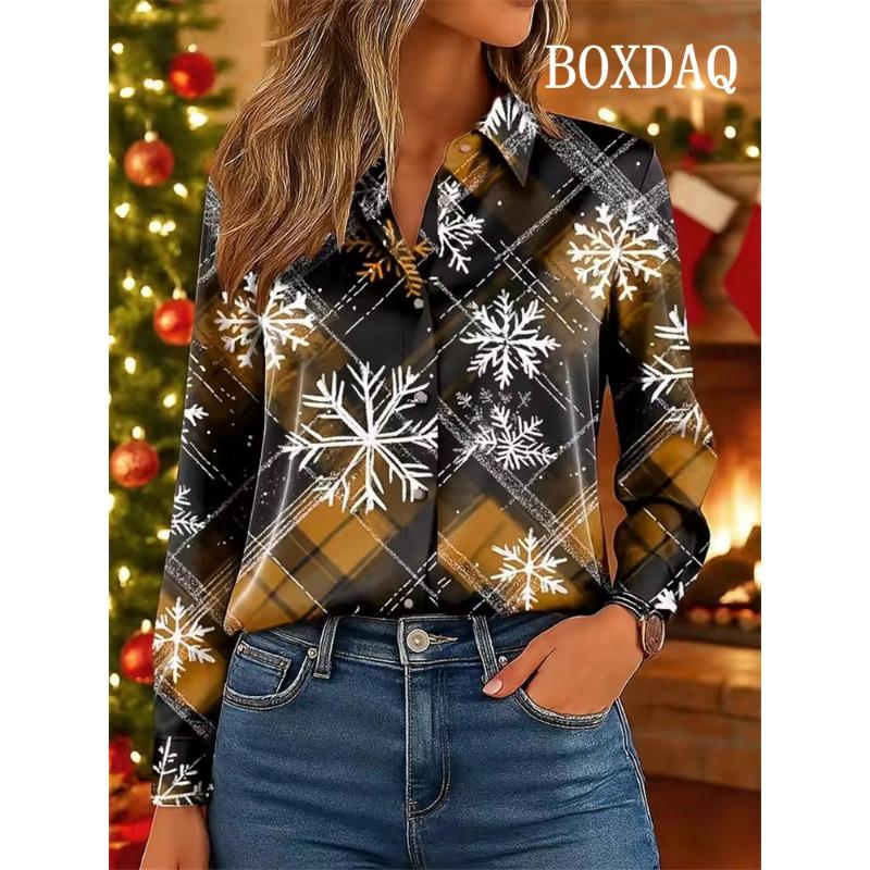 Christmas Women's Plaid Snowflake Blouse Elegant Shirt Fashion Casual 3D Print X-Mas Party Wear Autumn Long Sleeve Tops