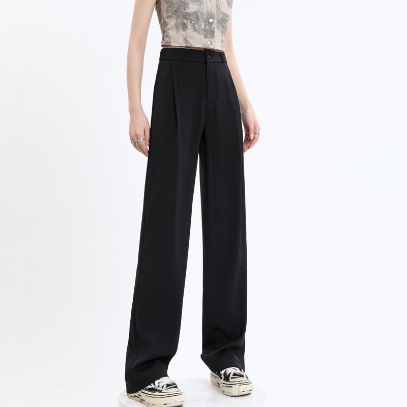Women's Gray High-Waist Wide-Leg Pants: Spring/Autumn Slimming, Elegant Drape, Floor-Length, Straight-Leg