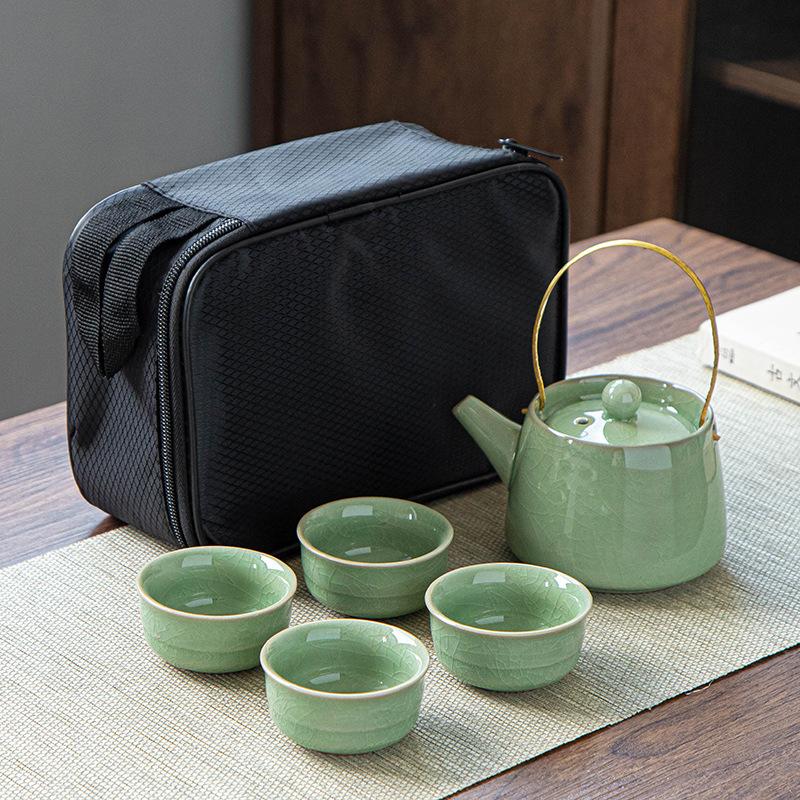 Ru Kiln Ge Kung Fu Tea Set Cloth Bag Portable One Pot Four Cups Ceramic Travel Tea Set Gift