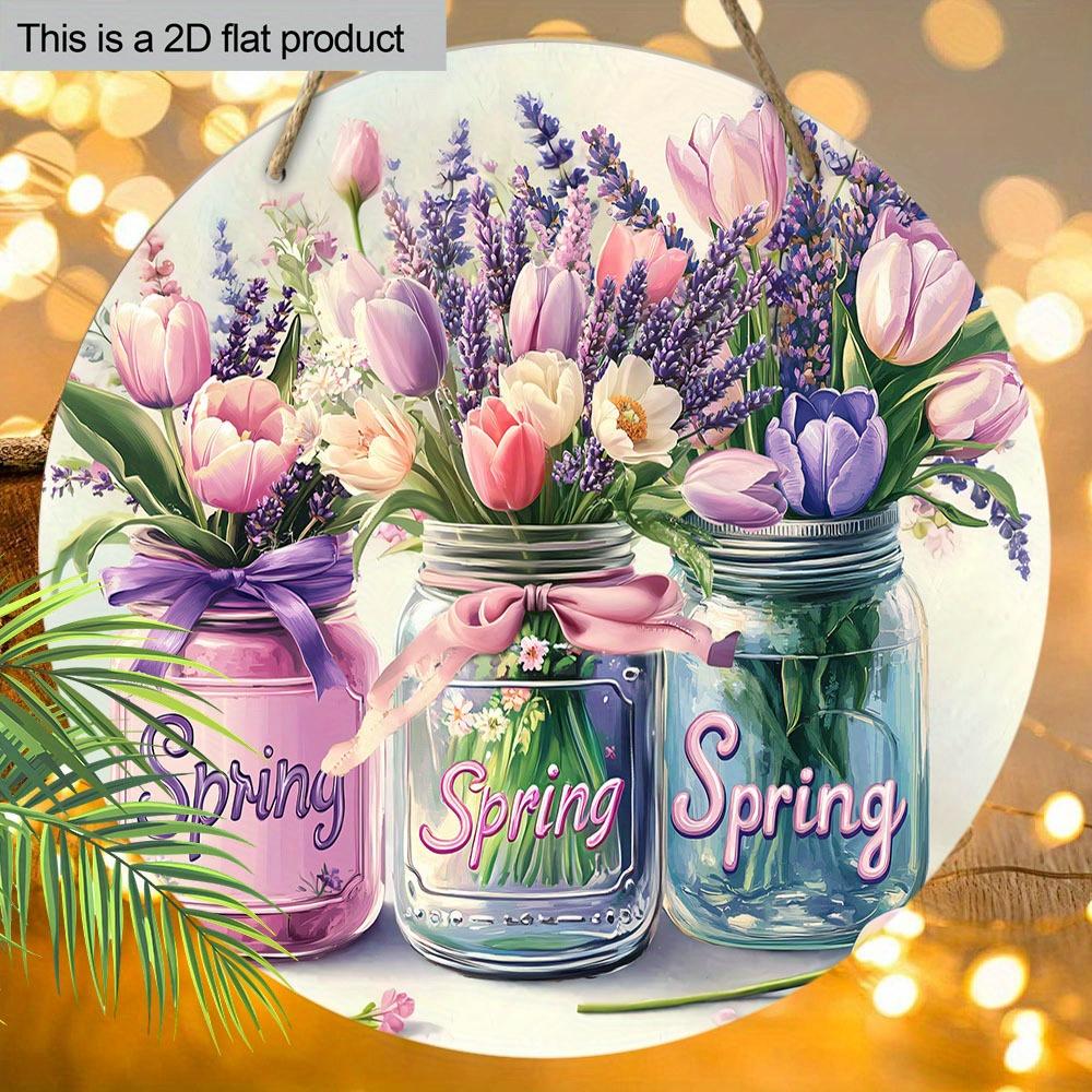 1 Stück Federholz Dekorative Schilder und Plaketten - Drei Glasgefäße gefüllt mit Blumen - Holzornament Schild - Geschenk für Freunde - Wand- oder Türhänger