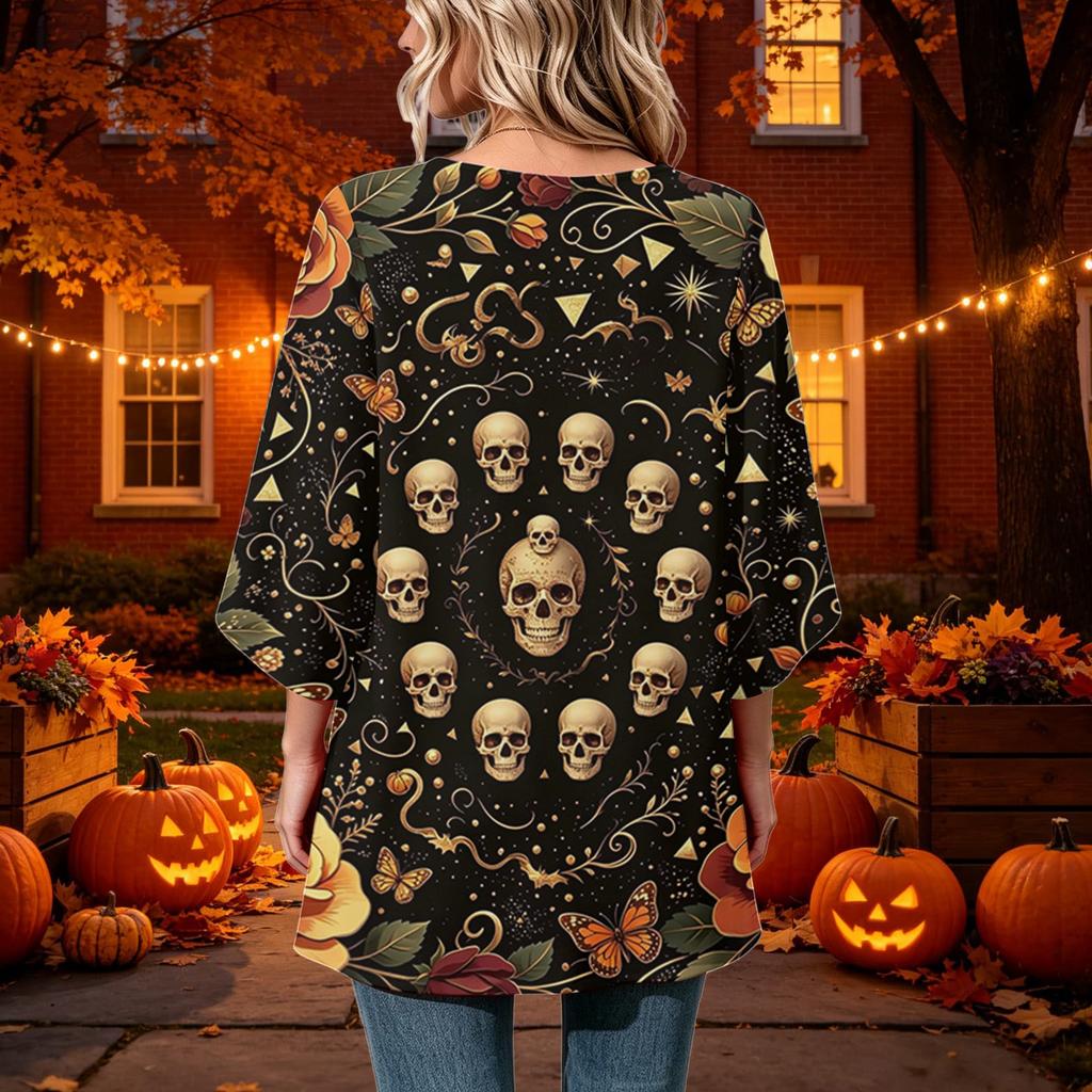 Women's Halloween Printed Casual Loose Fit Top with Round Neck and Three-Quarter Sleeves