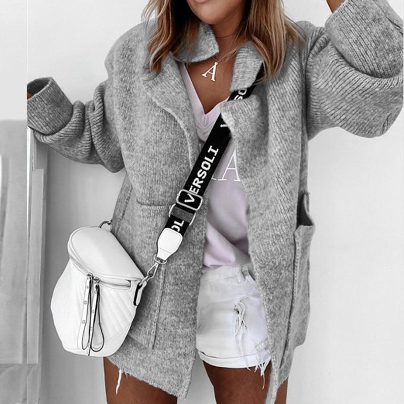 

Женский элегантный вязаный свитер однотонного цвета 2021 Зима Осень с длинным рукавом Толстые свитера Дамский кардиган с отложным воротником Топы S серый