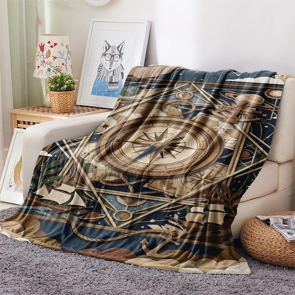 1Pc Compass Print Flannel Blanket, High Quality Comfortable for All Seasons, Home Decor, Warmth and Comfort, Perfect for Christmas Gifts W168