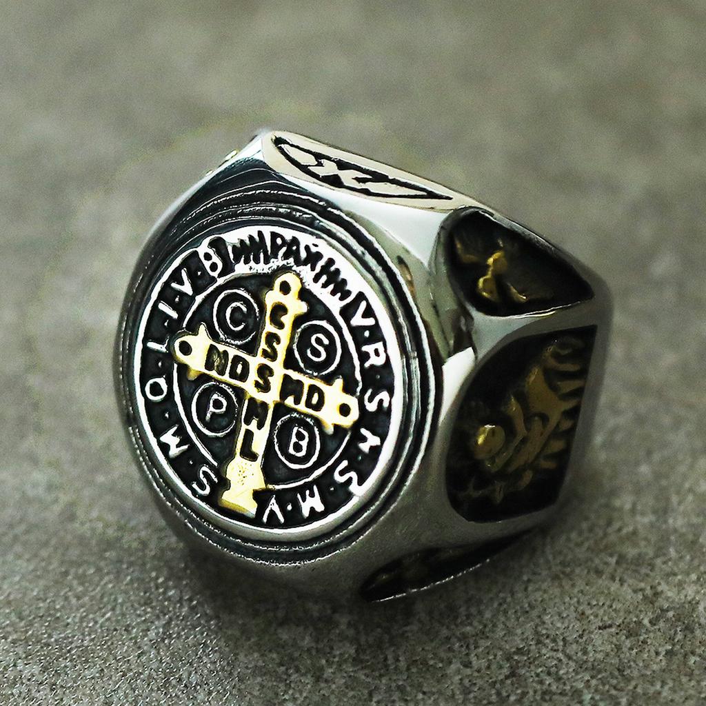 Vintage Exorzismus Saint Benedict Cspb Kreuz Ring für Männer Punk Amulett Christentum Ringe Edelstahl Freund Schmuck