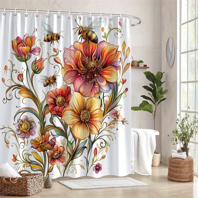 1Pc Colorful Floral Shower Curtain, Polyester Fabric, Machine Washable, With Hooks, Suitable For Bathroom Decoration